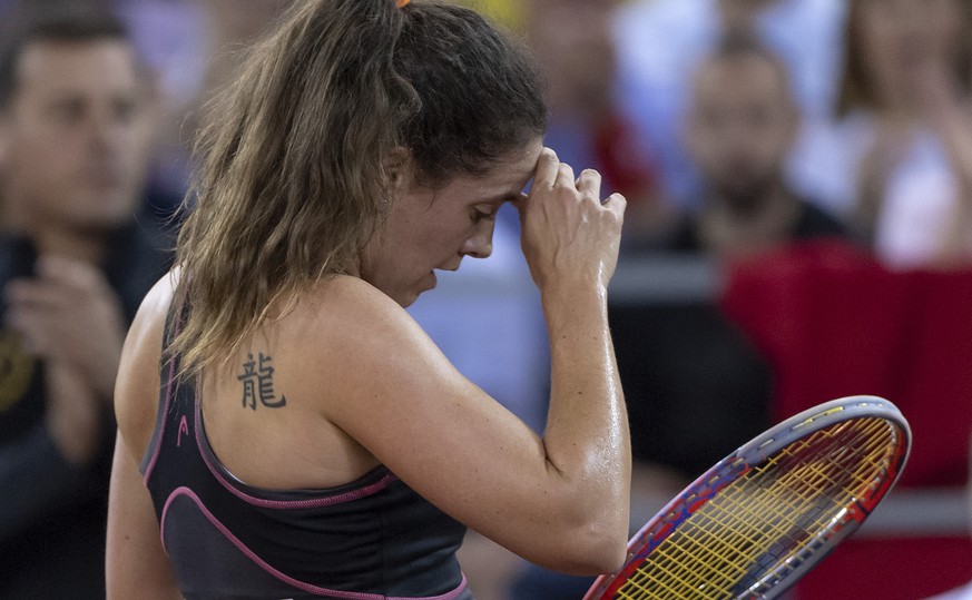 Switzerland&#039;s Patty Schnyder reacts during her match against Romania&#039;s Simona Halep during the Fed Cup World Group play-off round between Romania and Switzerland in the Sala Polivalenta in C ...