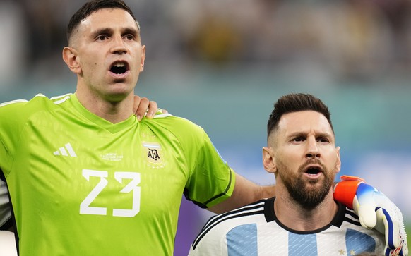 Argentina's goalkeeper Emiliano Martinez and Lionel Messi sing national anthem before the World Cup semifinal soccer match between Argentina and Croatia at the Lusail Stadium in Lusail, Qatar, Tu ...