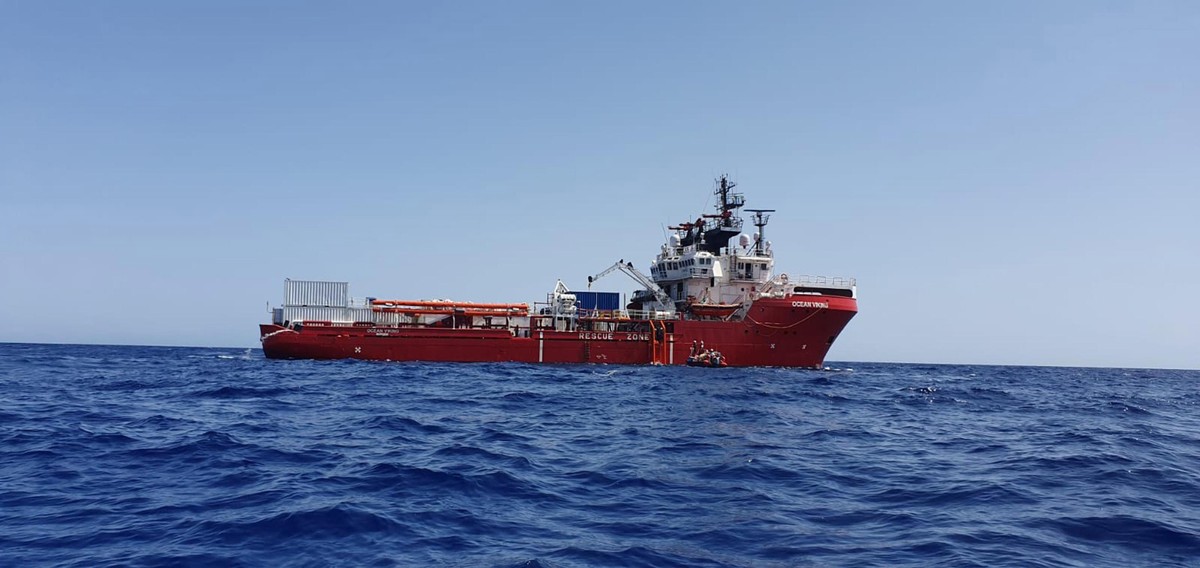 epa07788172 A handout photo made available by the NGO organisation Medecins Sans Frontieres (MSF) showing the Ocean Viking vessel at sea on 23 August 2019, after they received permission to land in Ma ...