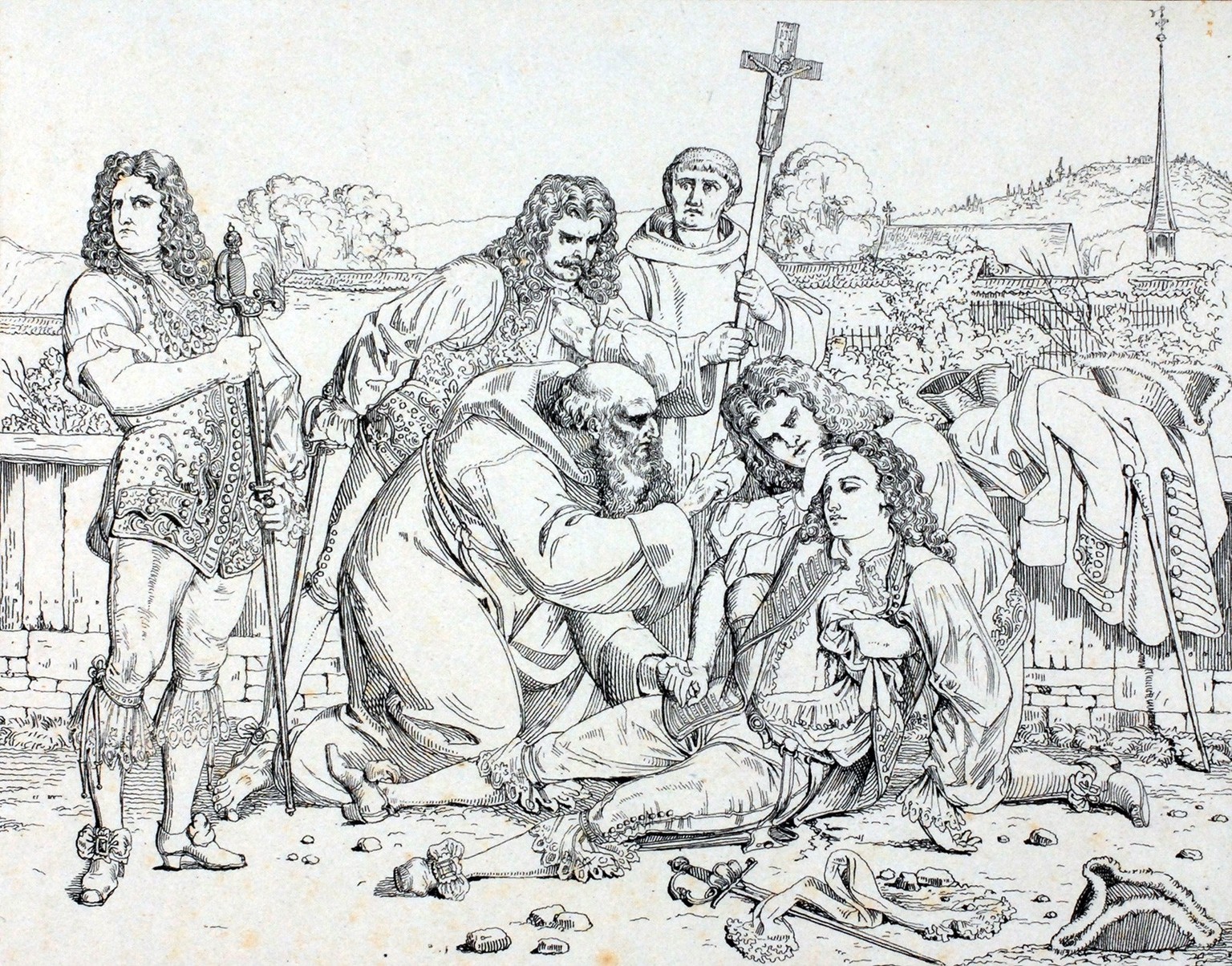 Shortly after the duel: on the right, the dying Peter Josef Anton Besenval, who is administered the last rites by a monk.  On the left is Peter Julius von Sury as the winner.  This engraving was also made in 1859, more...