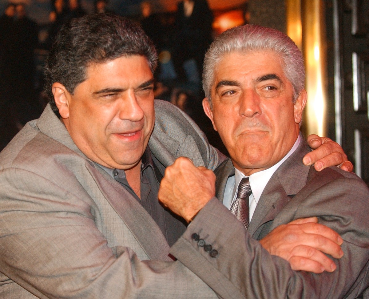 FILE - In this March 2, 2004 file photo, actors Vincent Pastore, left, and Frank Vincent rough around for photographers at the fifth season premiere of the HBO series "The Sopranos," at New  ...