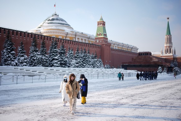 People walk along Red Square in Moscow, Tuesday, Feb. 3, 2026, backdropped by the Senate Palace of the Kremlin and the Kremlin Wall. (AP Photo/Pavel Bednyakov)
Russia Daily Life