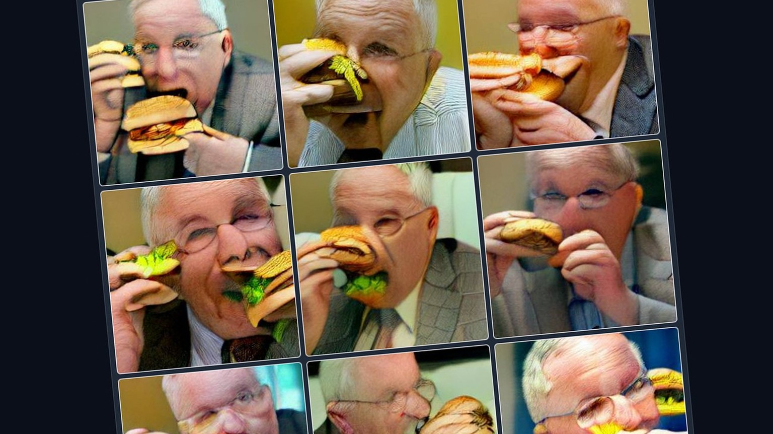 Künstlich generiertes Fake-Bild: alt Bundesrat Christoph Blocher beim Cheeseburger-Essen.