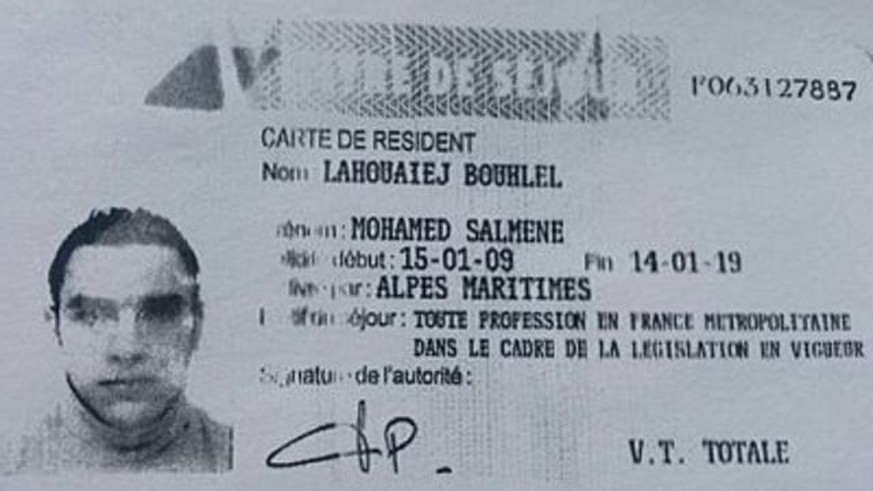 Ausweis des Täters des Anschlags von Nizza, Mohamed Lahouiaej Bouhlel