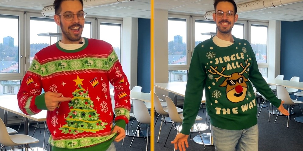CH-Media-Praktikant Jan Bernhard präsentiert im Video seine Weihnachtspulli-Sammlung.