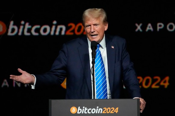 FILE - Republican presidential candidate former President Donald Trump speaks at the Bitcoin 2024 ConferenceJuly 27, 2024, in Nashville, Tenn. (AP Photo/Mark Humphrey, File)
Donald Trump
