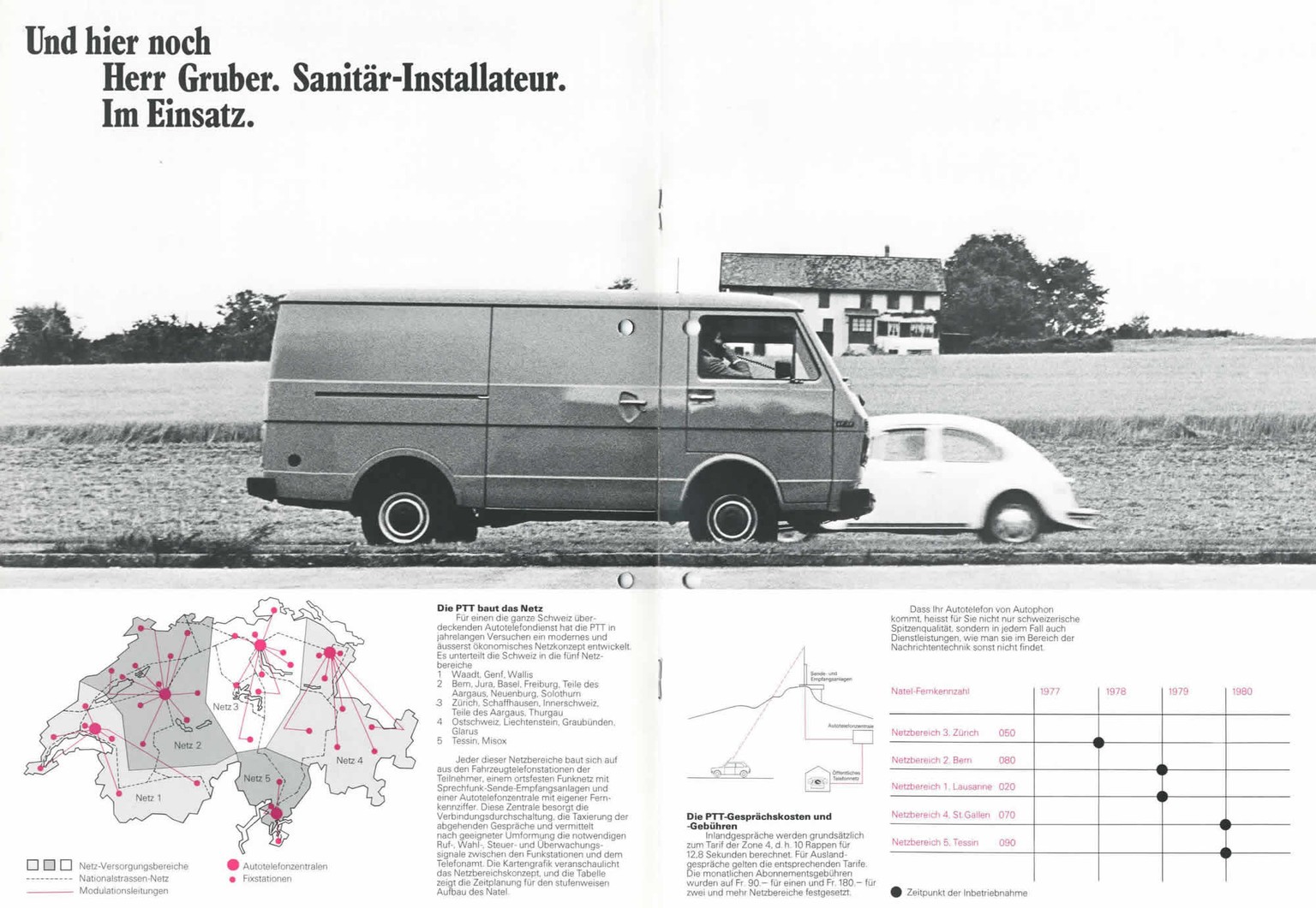 Mit dem Natel A wird gerne auch während der Fahrt telefoniert. Heute ist dies ohne Freisprechanlage verboten. Autophon-Broschüre aus dem Jahr 1978.