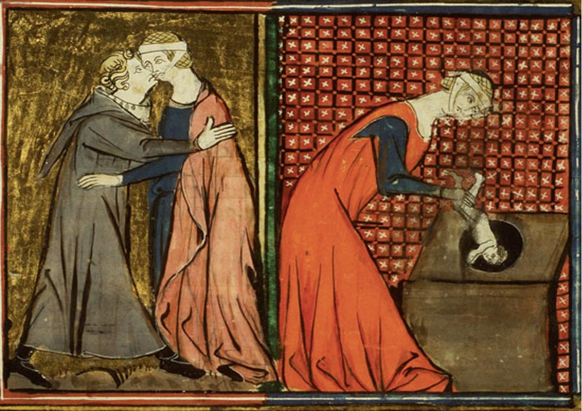 Ein Mönch verführt eine Nonne, sie wird schwanger und wirft ihr Baby in den Abort.&nbsp; Darstellung aus dem Jahr 1327.