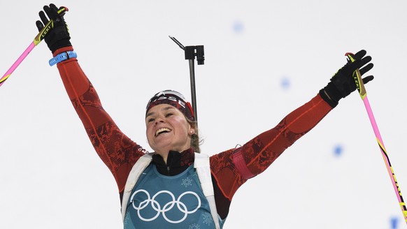 Irene Cadurisch of Switzerland reacts after the women Biathlon 7.5 km Sprint in the Alpensia Biathlon Center during the XXIII Winter Olympics 2018 in Pyeongchang, South Korea, on Saturday, February 10 ...