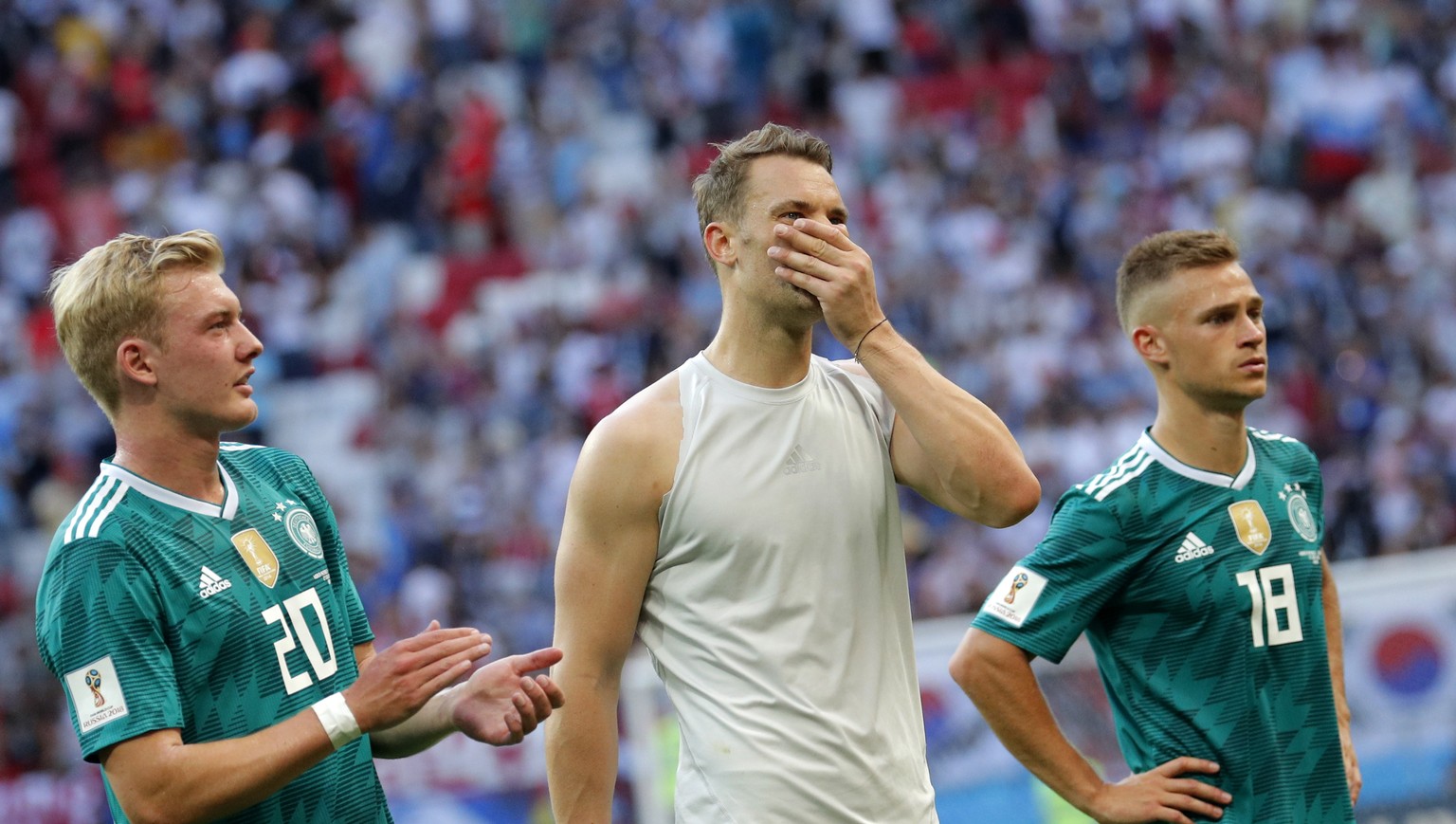 epa06844819 Goalkeeper Manuel Neuer (C) of Germany reacts after the FIFA World Cup 2018 group F preliminary round soccer match between South Korea and Germany in Kazan, Russia, 27 June 2018.

(RESTR ...