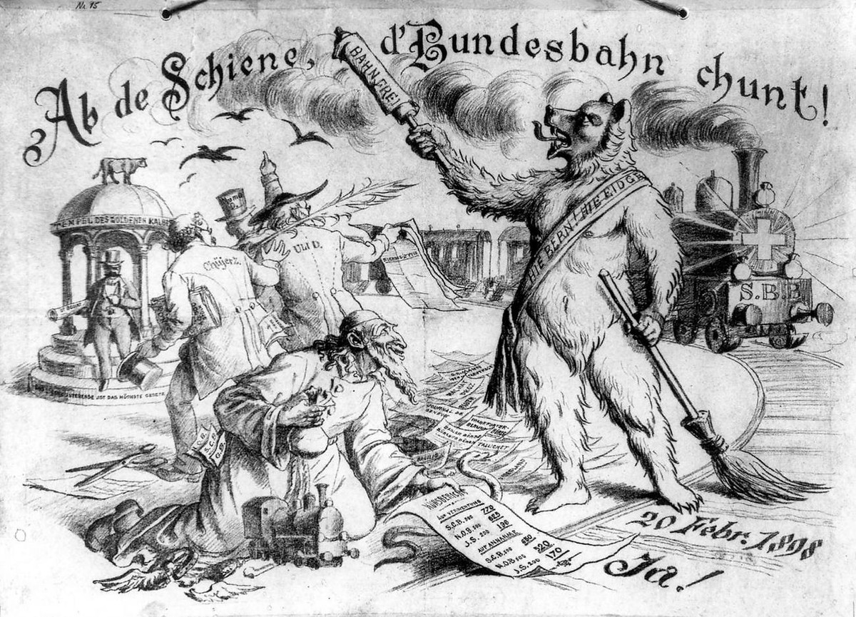 Abstimmungsplakat aus den Jahr 1898, als darueber abgestimmt wurde, die verschiedenen privaten Schweizer Bahnunternehmen zu verstaatlichen. Am 20 Februar 1898 wurde diese Initiative vom Stimmvolk ange ...