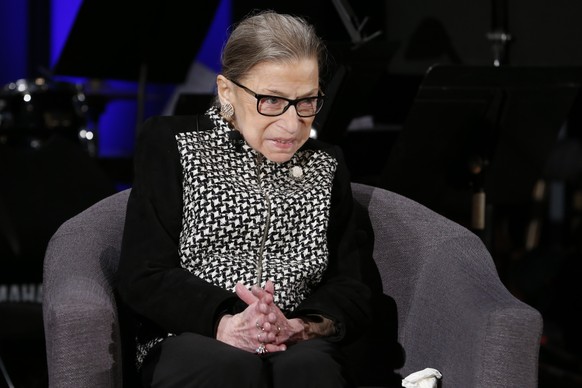 FILE - In this Dec. 17, 2019, file photo Supreme Court Justice Ruth Bader Ginsburg speaks with author Jeffrey Rosen at the National Constitution Center Americas Town Hall at the National Museum of Wom ...