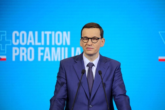 epa09196911 Polish Prime Minister Mateusz Morawiecki during speaks the V4+ COALITION PRO FAMILIA conference, which is another event under the Polish presidency of the Visegrad Group, in Warsaw, Poland ...