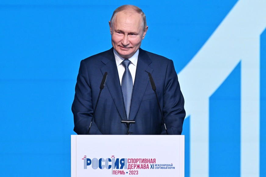 epa10927179 Russian President Vladimir Putin delivers a speech during a plenary session of the 11th International Sports Forum &#039;Russia - Country of Sports&#039; in Perm, Russia, 19 October 2023.  ...