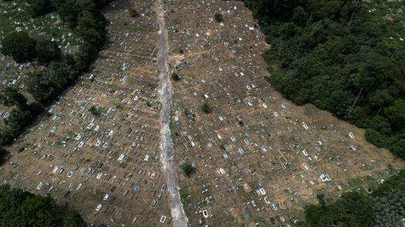 epa11958610 Aerial view of the area designated for Covid-19 victims during the first wave of the disease, at the public cemetery of Nossa Senhora Aparecida, in Manaus, Amazonas, Brazil, 16 February 20 ...