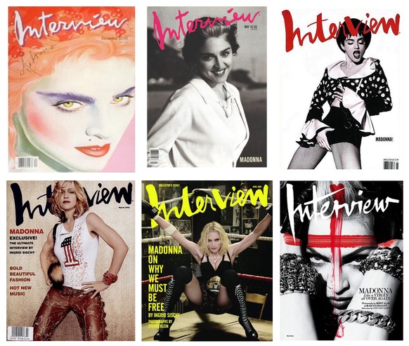 Madonna und «Interview» kommen immer wieder zusammen. Von links oben nach rechts unten Coverbilder von 1985, 1989, 1990, 2001, 2008 und 2010.