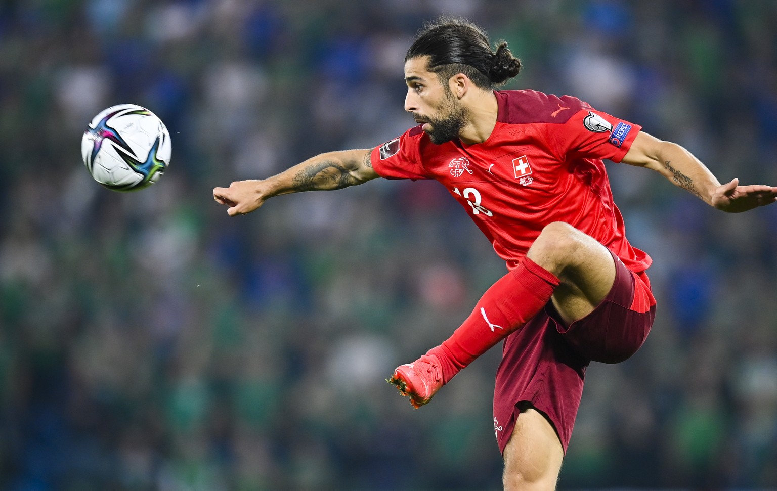 Switzerland&#039;s Ricardo Rodriguez during the 2022 FIFA World Cup European Qualifying Group C soccer match between Northern Ireland and Switzerland at Windsor Park stadium in Belfast, Northern Irela ...