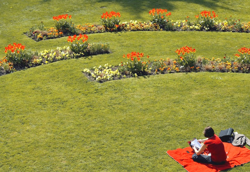 Une personne profite du week-end et du soleil pour lire devant un parterre de fleurs, ce samedi 24 avril 2010 a Geneve. (KEYSTONE/Martial Trezzini)