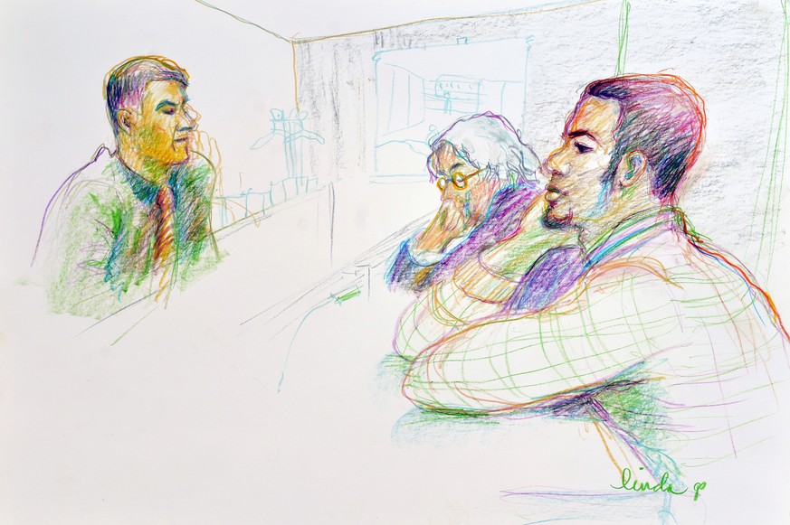 ARCHIVBILD ZUR SDA-MELDUNG UEBER DEN JUGENDSTRAFTAETER CARLOS AM 01. FEBRUAR 2017 --- Gerichtszeichnung von Linda Graedel: "Carlos" und sein Verteidiger vor dem Richter, von rechts, beim Pro ...