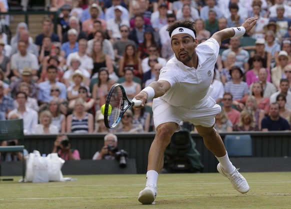 Italy&#039;s Fabio Fognini returns to Britain&#039;s Andy Murray during their Men&#039;s Singles Match on day five at the Wimbledon Tennis Championships in London Friday, July 7, 2017. (AP Photo/Alast ...