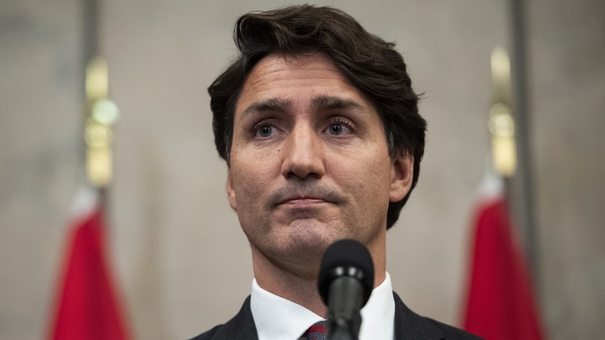 Prime Minister Justin Trudeau speaks during an announcement that Canadians Michael Spavor and Michael Kovrig have been released from detention in China, on Parliament Hill in Ottawa, on Friday, Sept.  ...