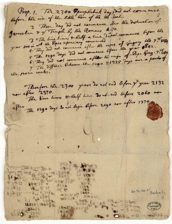 Teil von Newtons Manuskript mit seinen apokalyptischen Berechnungen, wonach die Welt im Jahr 2060 untergehen sollte, ca. 1704. Die Schriften waren der Öffentlichkeit bis 2003 weitgehend unbekannt und  ...