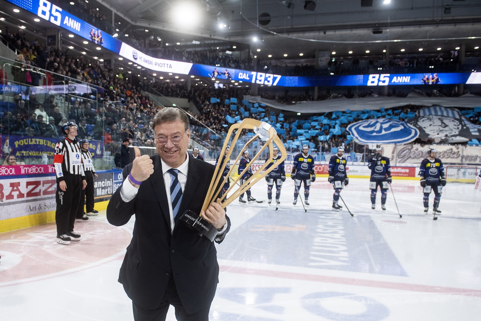 Ambri&#039;s president Filippo Lombardi with the Spengler Cup before the preliminary round game of National League Swiss Championship 2022/23 between HC Ambri Piotta and EHC Biel Bienne at the Gottard ...