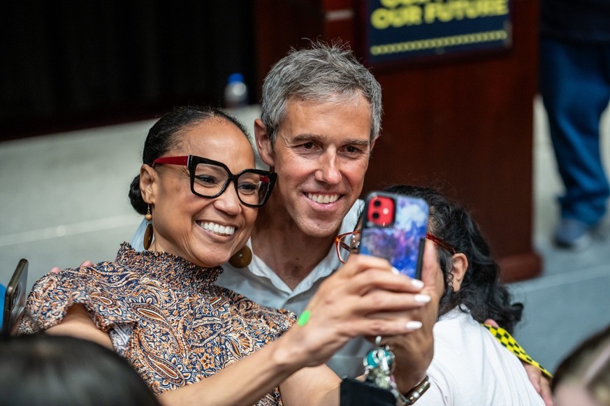 SAN MARCOS, TX-OCT 1: Former U.S. Rep. Beto O'Rourke takes a photo with supporters at a rally at Texas State University on Tuesday, Oct 1 2024 in San Marcos, TX. The stop was one of several acros ...