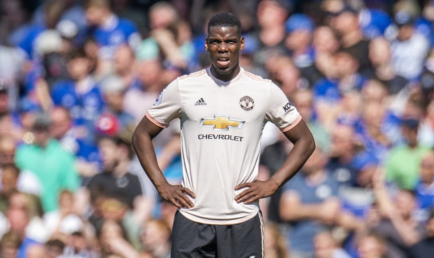 epa07519934 Manchester United&#039;s Paul Pogba reacts during the English Premier League soccer match between Everton and Manchester United held at Goodison Park in Liverpool, Britain, 21 April 2019.  ...