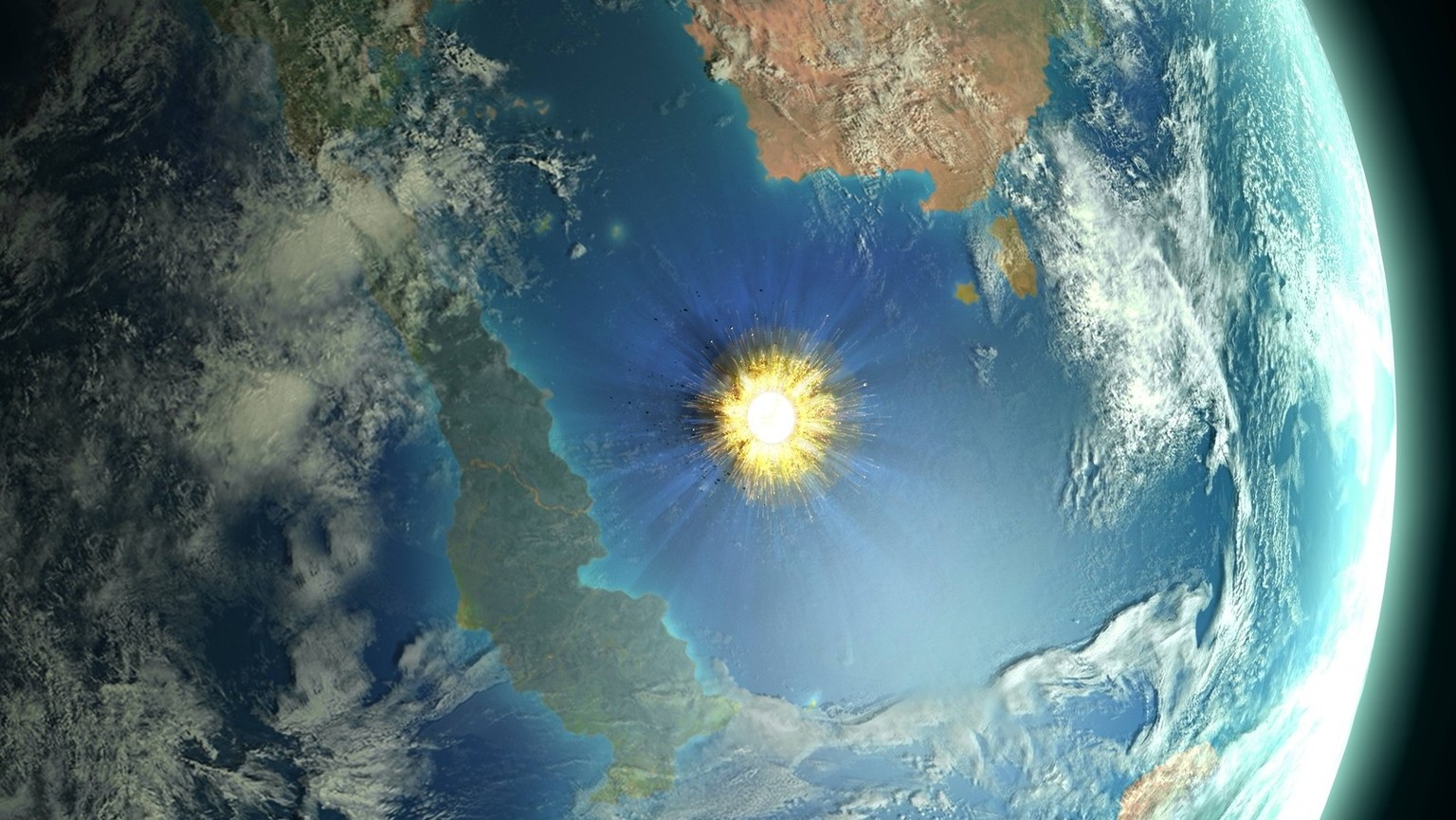 Chicxulub asteroid impact, illustration Asteroid impact. Illustration of a large asteroid colliding with Earth on the Yucatan Peninsula in Mexico. This impact is believed to have led to the death of t ...