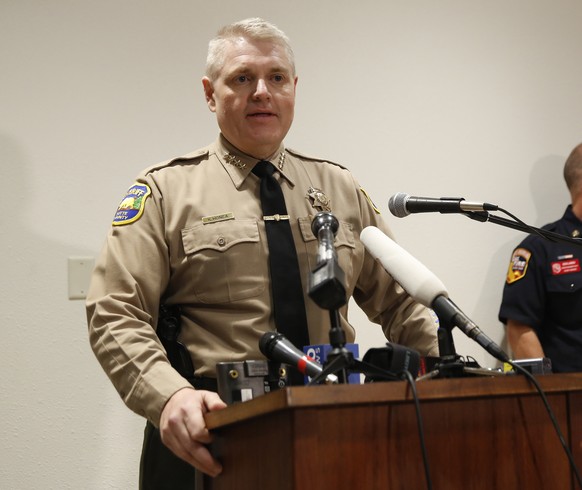 Butte County Sheriff Kory Honea speaks during a news conference about the situation at the Oroville Dam on Sunday, Feb. 12, 2017, in Marysville, Calif. Honea said evacuation orders affecting thousands ...