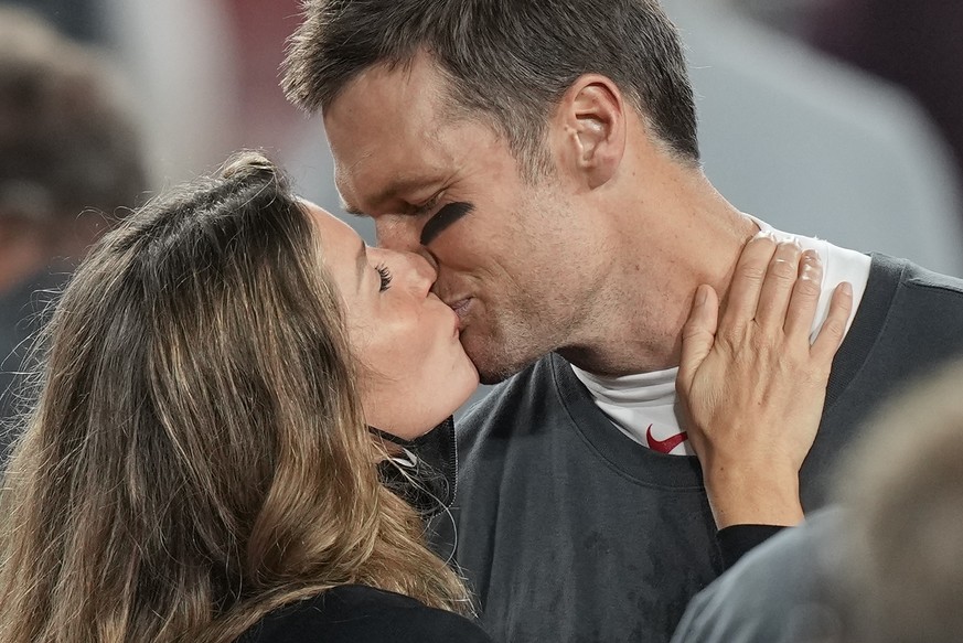 Tampa Bay Buccaneers quarterback Tom Brady kisses wife Gisele Bundchen after defeating the Kansas City Chiefs in the NFL Super Bowl 55 football game Sunday, Feb. 7, 2021, in Tampa, Fla. The Buccaneers ...
