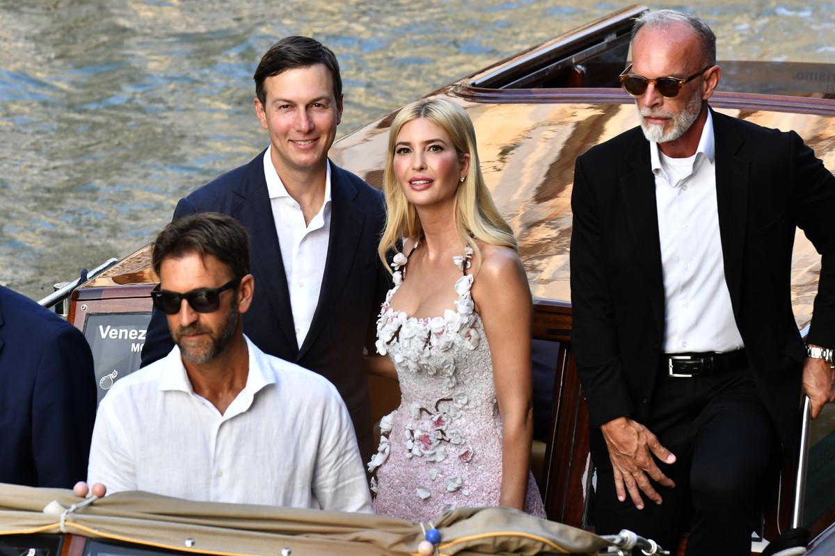 US President Donald Trump's daughter Ivanka Trump, center, and her husband Jared Kushner, rear left, arrive in Venice, Italy, Thursday, June 26, 2025, ahead of Jeff Bezos' wedding. (AP Photo ...