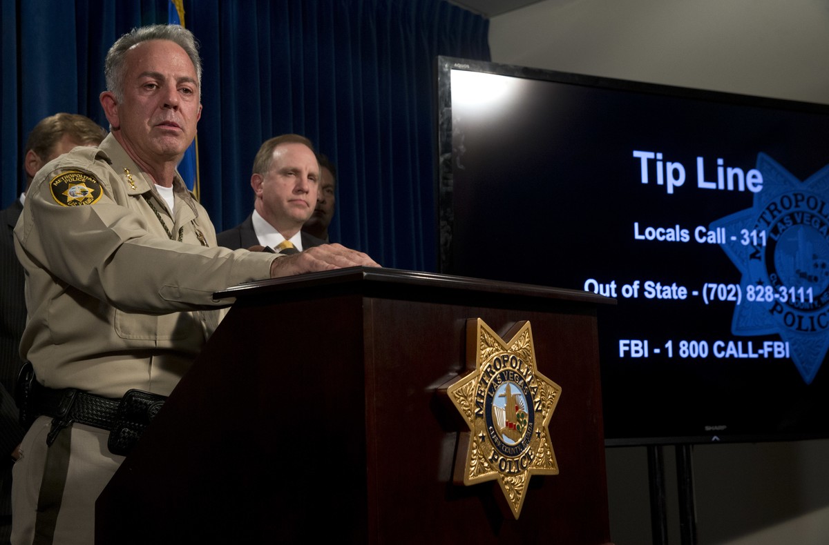 Clark County Sheriff Joe Lombardo holds a media briefing at Metro Police headquarters in Las Vegas Wednesday, Oct. 4, 2017. Investigators trying to figure out the Las Vegas gunman, Stephen Paddock ...