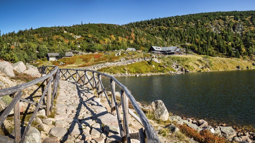 Holiday destinations in Europe somewhat unknown Mountain path to small pond in Karkonosze Mountains (Giant Mountains), Poland