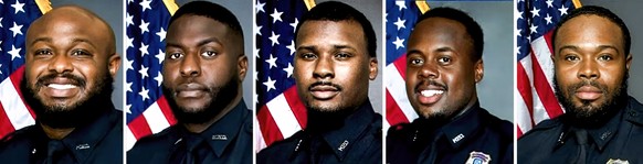 epa10432085 A combo photo provided by the Memphis Police Department shows (from Left) MPD officers Desmond Mills,Jr., Emmitt Martin III, Justin Smith, Tadarrius Bean, and Demetrius Haley, who all face ...