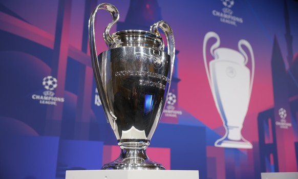 epa09083584 A handout photo made available by the UEFA shows a detailed view of the UEFA Champions League trophy during the UEFA Champions League 2020/21 Quarter-finals and Semi-finals draw at the UEF ...