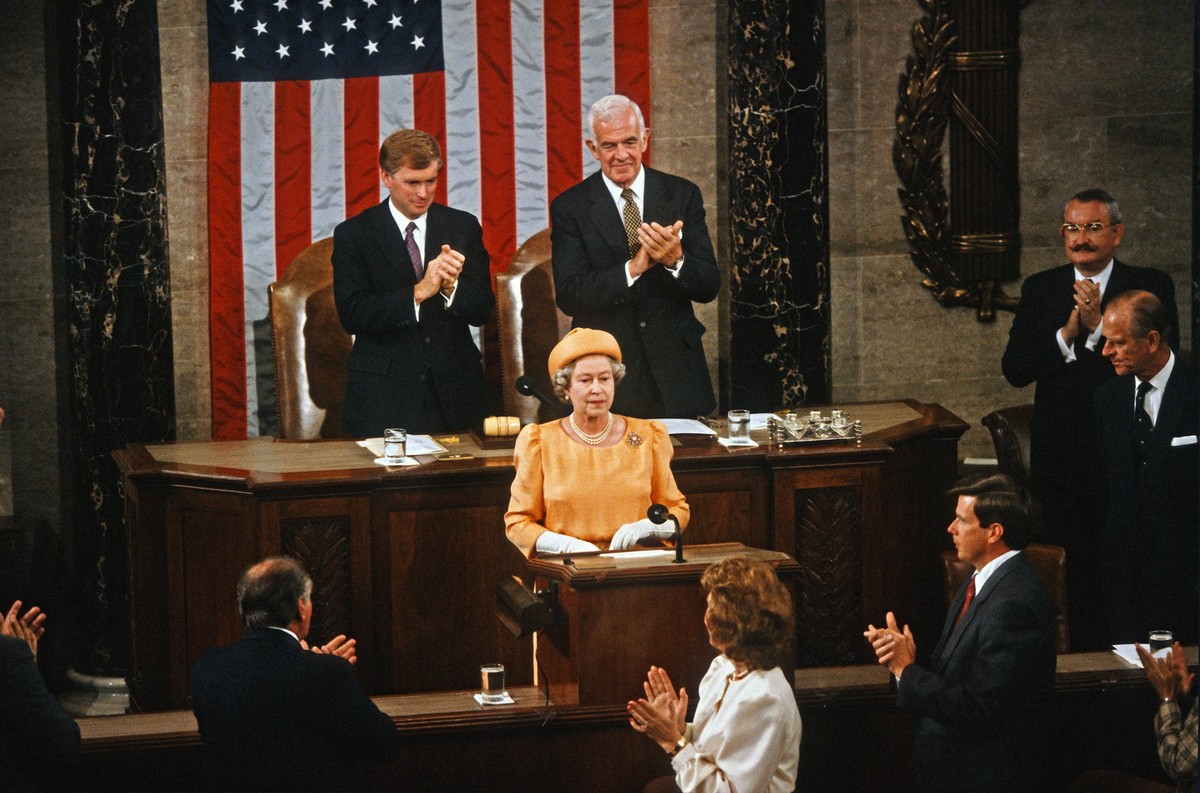 **FILE PHOTO** Queen Elizabeth II Has Passed Away. Queen Elizabeth II of Great Britain addresses a Joint Session of the United States Congress in the US House Chamber in the US Capitol during a State  ...