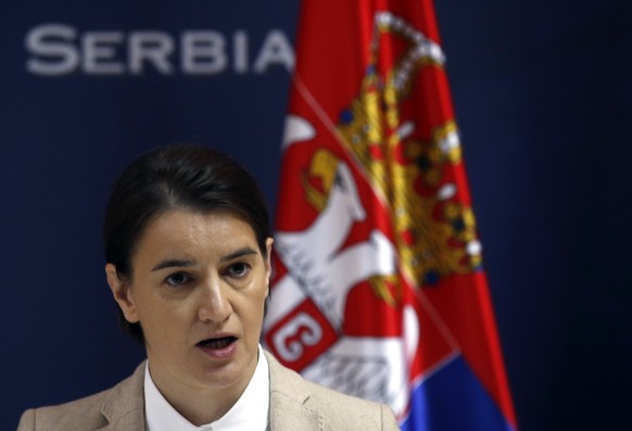 Serbian Prime Minister Ana Brnabic speaks during a press conference after talks with her Macedonian counterpart Zoran Zaev at the Serbia Palace in Belgrade, Serbia, Tuesday, Nov. 21, 2017. Zaev is on  ...