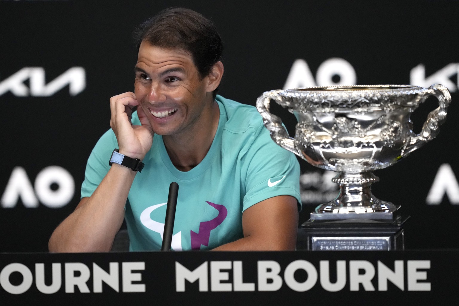 Rafael Nadal of Spain smiles during a press conference following his win over Daniil Medvedev of Russia in the men&#039;s singles final at the Australian Open tennis championships in Melbourne, Austra ...