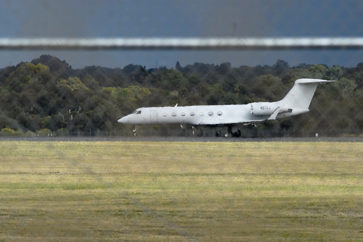 A jet carrying passengers from the hantavirus-stricken cruise ship MV Hondius arrives at RAAF Base Pearce in Perth, Australia, from the Netherlands on Friday, May 15, 2026. (Aaron Bunch/AAP Image via  ...