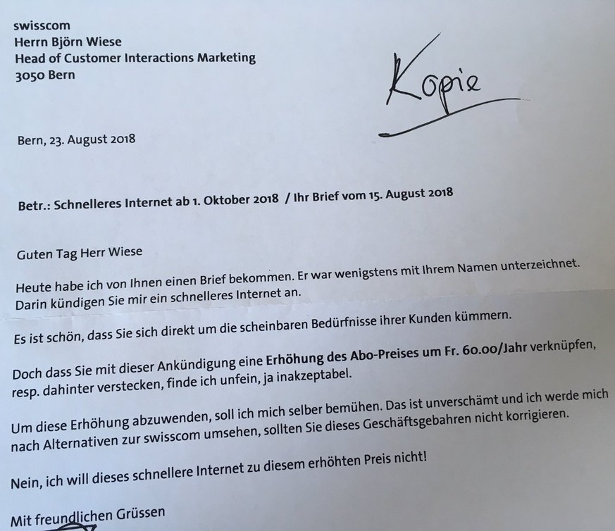 Handy-Nutzer können den Brief an Swisscom antippen, um ihn zu vergrössern.