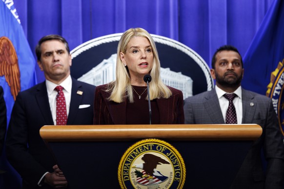 epa12536180 US Attorney General Pam Bondi (C) Deputy Attorney General Todd Blanche (L) and FBI Director Kash Patel (R) during a press conference at the Department of Justice in Washington, DC, USA, 19 ...