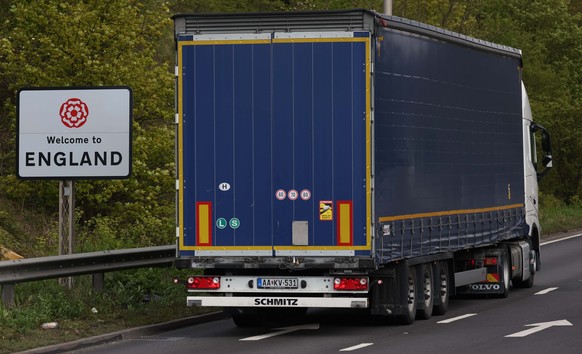 epa11307907 A truck drives into England after it disembarks a ferry at the Port of Dover in Dover, Britain, 29 April 2024. Stage 2 border controls on food imports from the European Union are due to be ...