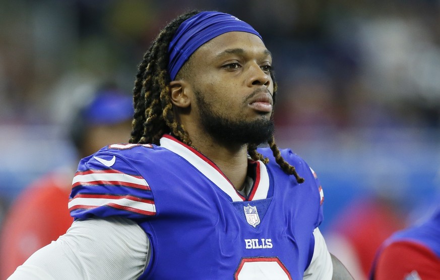 FILE - Buffalo Bills safety Damar Hamlin looks on during the second half of an NFL football game against the Cleveland Browns, Nov. 20, 2022, in Detroit. Hamlin collapsed on the field and appeared to  ...