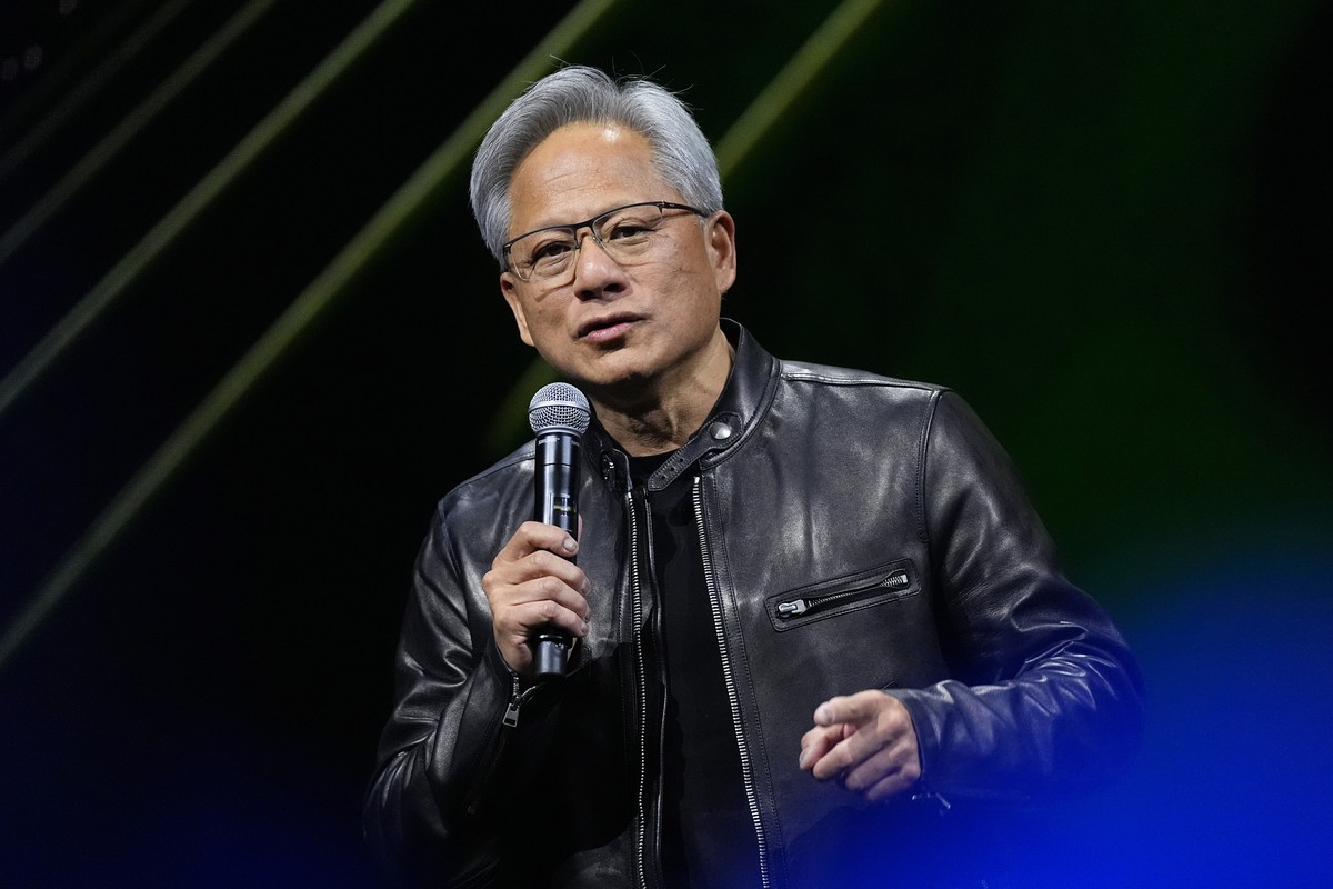 Jensen Huang, chief executive officer of Nvidia, speaks at SIGGRAPH 2024, the premier conference on computer graphics and interactive techniques, in the Colorado Convention Center, Monday, July 29, 20 ...