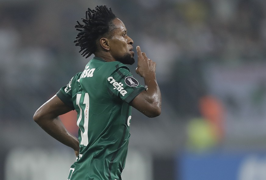 Ze Roberto of Brazil's Palmeiras celebrates after scoring against Argentina's Atletico Tucuman during a Copa Libertadores soccer match in Sao Paulo, Brazil, Wednesday, May 24, 2017. (AP Photo/Andre Pe ...