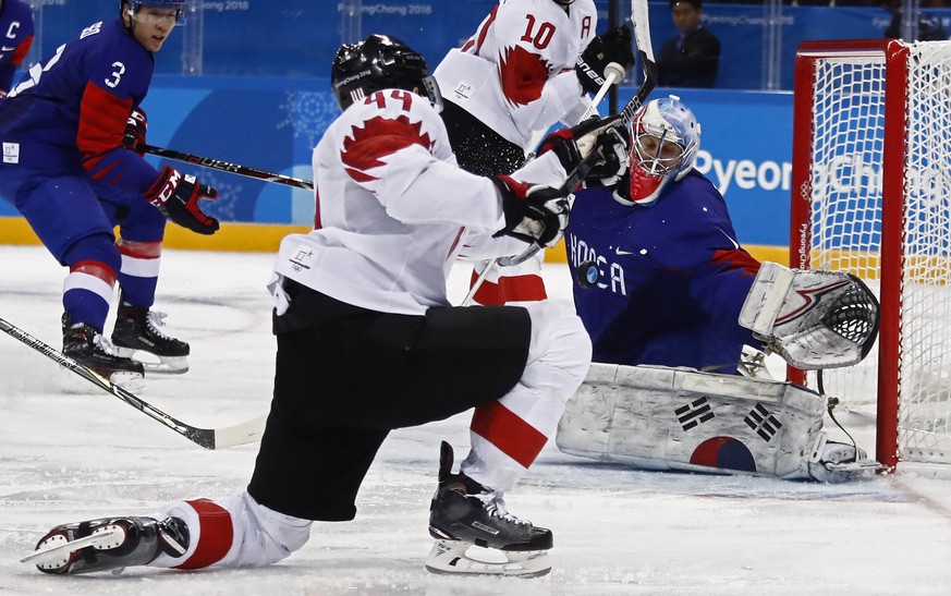 epa06535415 Pius Suter (L) of Switzerland scores a goal against Matt Dalton (R) of Republic of Korea during the men&#039;s preliminary round inside the Gangneung Hockey Centre at the PyeongChang Winte ...