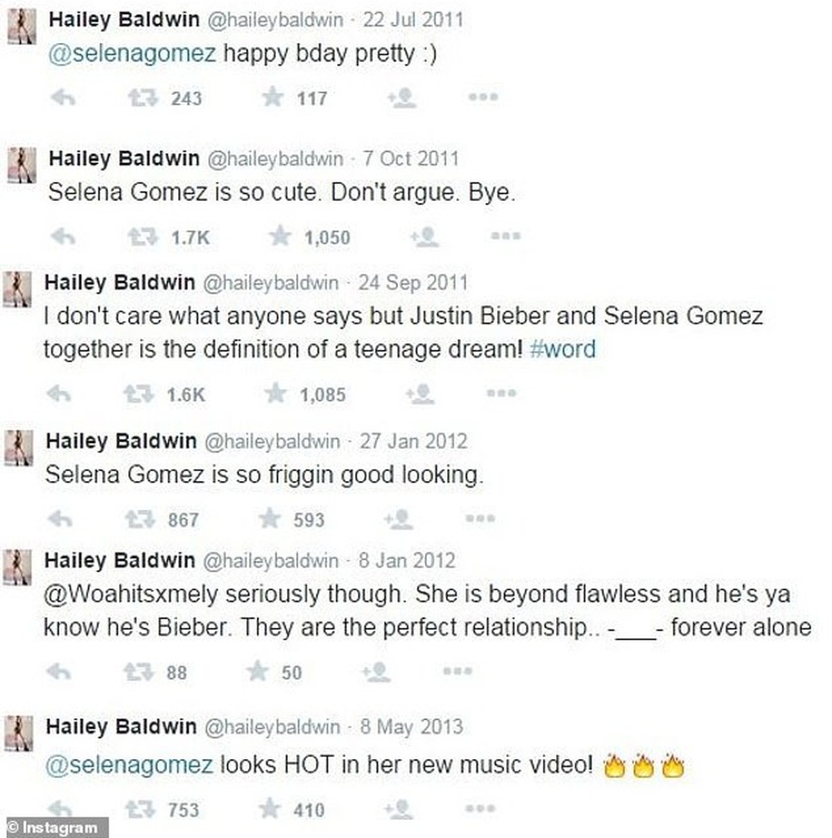 Hailey Bieber Tweets über Selena Gomez und Justin Bieber.