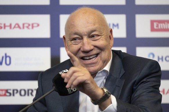 Tournament Director Roger Brennwald speaks during a press conference at the Swiss Indoors tennis tournament at the St. Jakobshalle in Basel, Switzerland, on Sunday, October 27, 2024. (KEYSTONE/Georgio ...